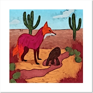 watercolor fox in the desert Posters and Art